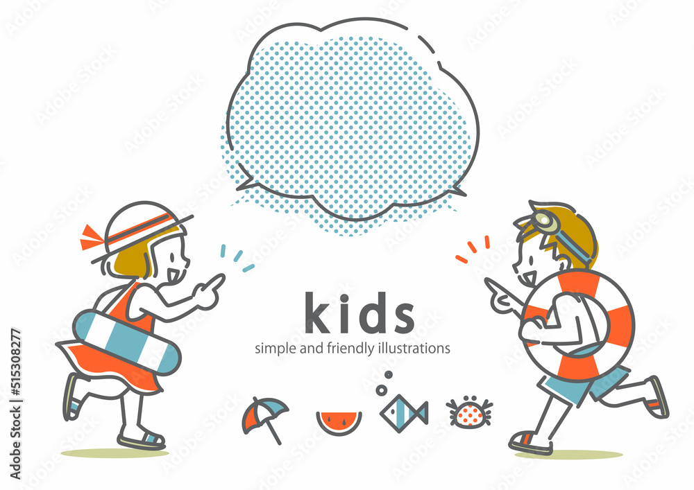海やプールではしゃく子供たち シンプルでかわいい線画イラスト 海やプールではしゃく子供たち シンプルでかわいい線画イラスト