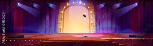 Stage for a show or TV entertainment with microphone, stairs, red curtains, spotlights, illumination and decor. Cartoon background, stand up amusement or music concert area, podium for artists
