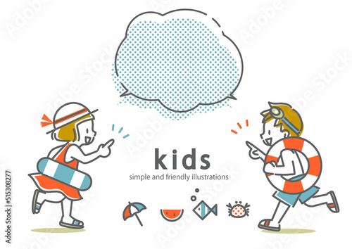 海やプールではしゃく子供たち　シンプルでかわいい線画イラスト