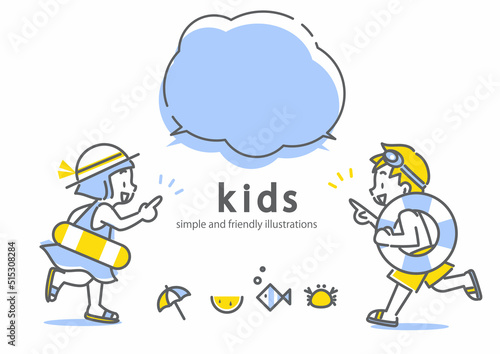 海やプールではしゃく子供たち　シンプルでかわいい線画イラスト