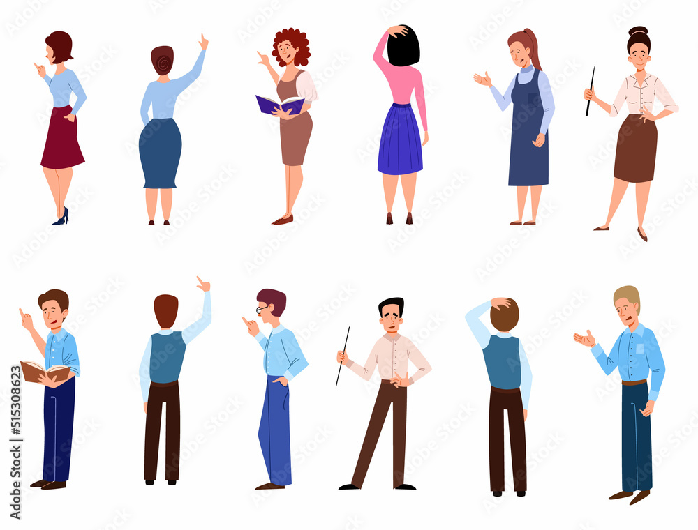 A set of men and women who report, teach. Teacher with a pointer and a book in his hand. View from the back. Flat character vector illustration A set of men and women who report, teach. Teacher with a pointer and a book in his hand. View from the back. Flat character vector illustration