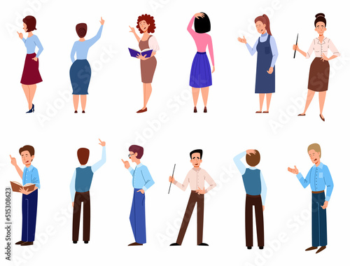 A set of men and women who report, teach. Teacher with a pointer and a book in his hand. View from the back. Flat character vector illustration