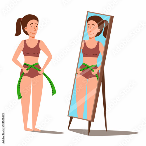 The girl in front of the mirror measures her waist. Control over your figure. Vector illustration in a flat style.