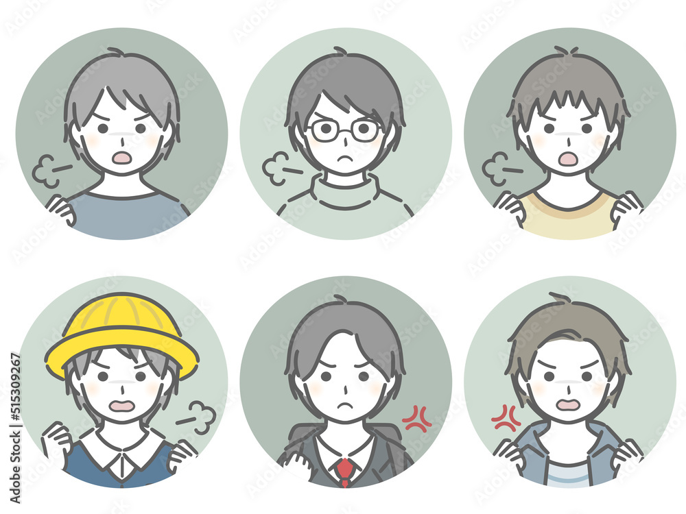 怒る少年の丸アイコンセット