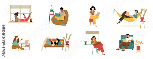 Home office set, freelancers men and women working remotely on laptops at comfortable domestic workplace. Outsourced workers, freelance, self-employed occupation Line art flat vector illustration