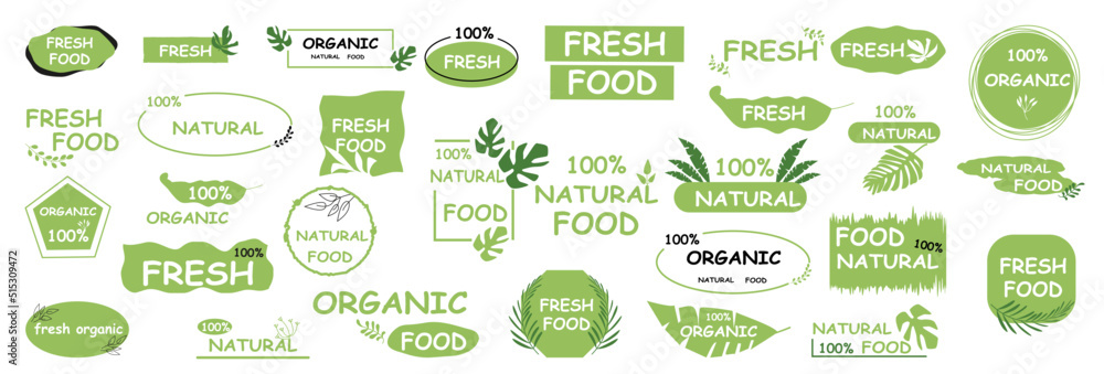 Vector flat illustration. Set 30 eco green design icons. Ideal as an emblem for cafes, badges, tags, packaging.  Eco stickers for labeling package, food, cosmetics. 