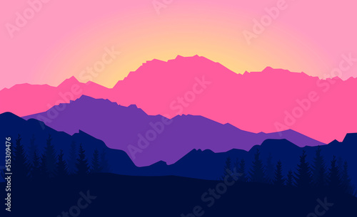 silhouette landscape mountains trees