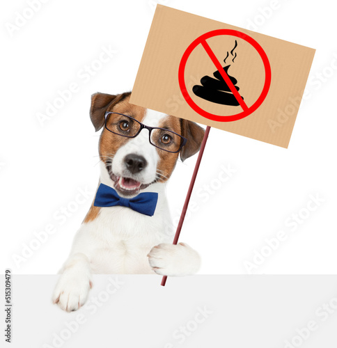 Smart Jack russell terrier puppy holds sign "no dog poop" above empty white banner. Concept cleaning up dog droppings. Isolated on white background © Ermolaev Alexandr
