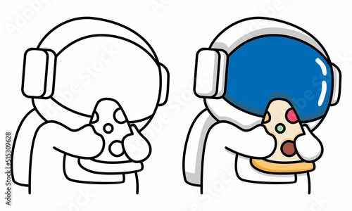 Cute astronaut eating pizza coloring page for kids