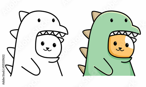 Cute cat with dino costume coloring page for kids