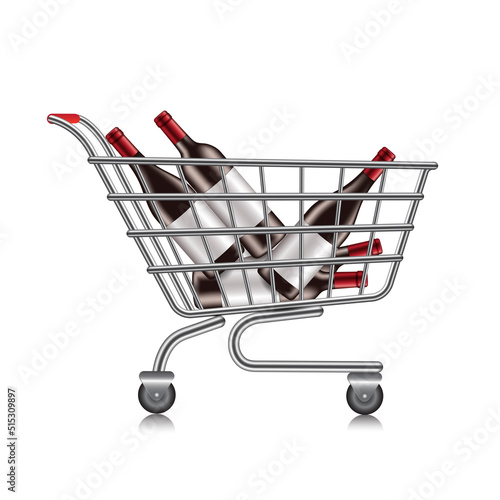 Several wine bottles in a shopping cart and all object on a white background,shopping cart and wine isolated for food and drink advertising concept design