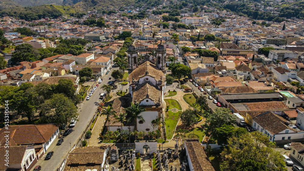Church of Sao Francisco de Assis in Sao Joao del Rei Town in Brazil. Aerial View