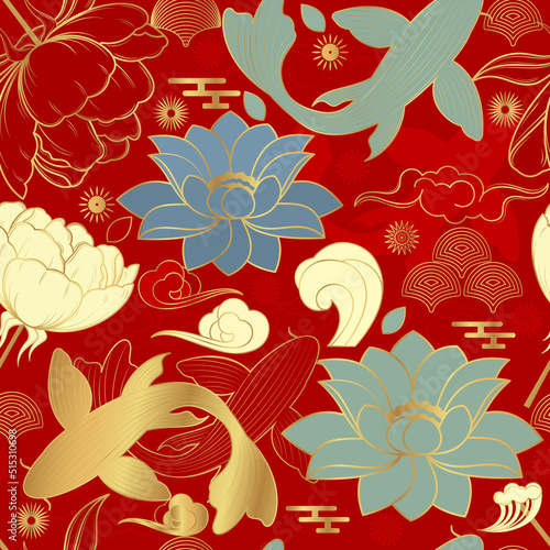 Seamless vector pattern with peonies and carps on a red background. Chinese background.  © daudau992