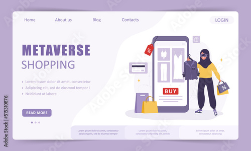 Metaverse online shopping landing page template. Arabian woman in VR glasses choosing goods in web application. Cyberspace or Virtual reality concept. Vector illustration in flat cartoon style.