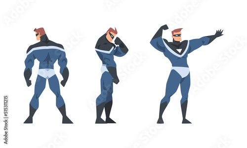 Man Superhero Character Dressed Black and Blue Costume and Mask in Action Vector Set