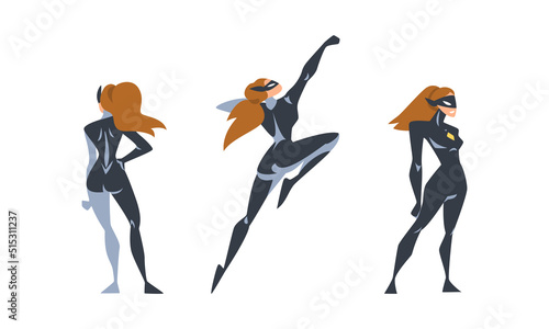 Woman Superhero Character Dressed Black and Blue Costume and Mask in Action Vector Set