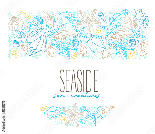 Vector frame, border, vignettes of line art tropical sea elements, seashells, starfish. Doodles of marine life. Sea decor. Ocean, sea creatures. Maritime illustration