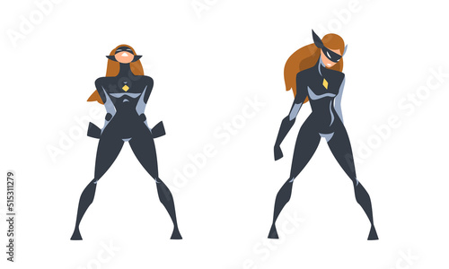 Woman Superhero Character Dressed Black and Blue Costume and Mask in Action Vector Set