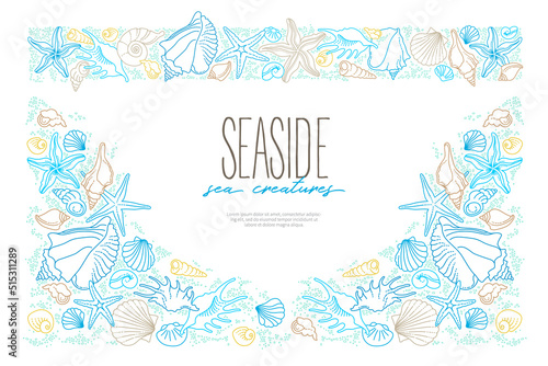 Vector frame, border, vignettes of line art tropical sea elements, seashells, starfish. Doodles of marine life. Sea decor. Ocean, sea creatures. Maritime illustration