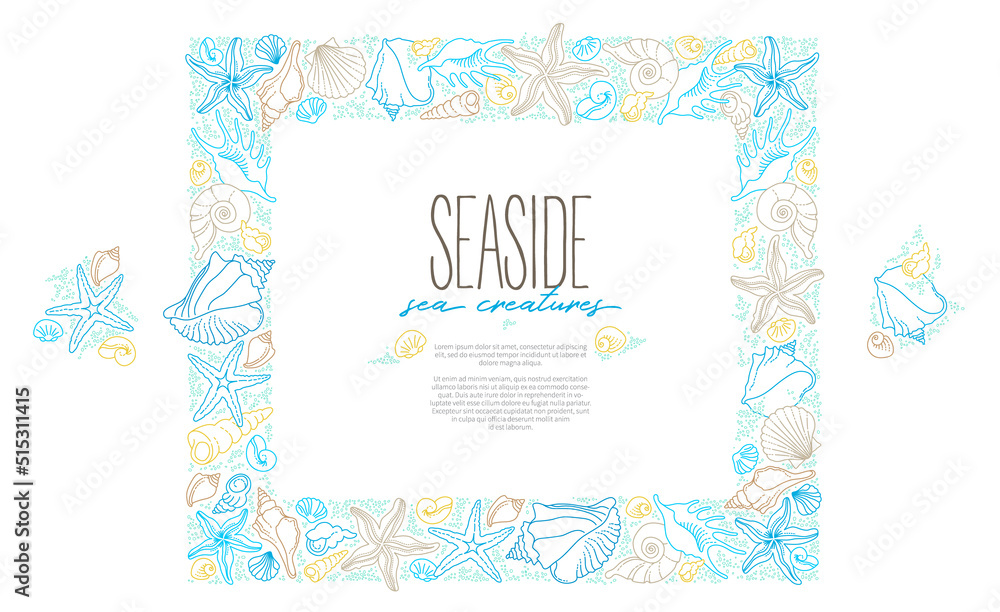 Vector square frame, border of line art tropical sea elements, seashells, starfish. A4 page size. Doodles of marine life. Sea decor for card, decoration, design. Maritime illustration
