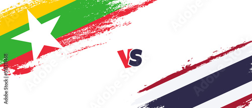 Creative Myanmar vs Thailand brush flag illustration. Artistic brush style two country flags relationship background