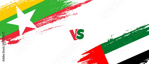 Creative Myanmar vs United Arab Emirates brush flag illustration. Artistic brush style two country flags relationship background