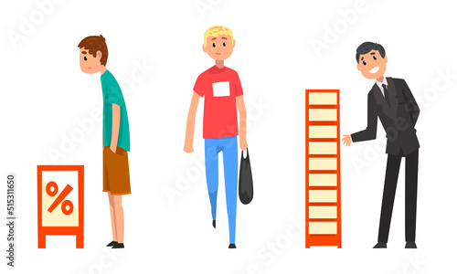 Man Promoter Advertising Products or Services to Passerby at Trade Show Vector Set