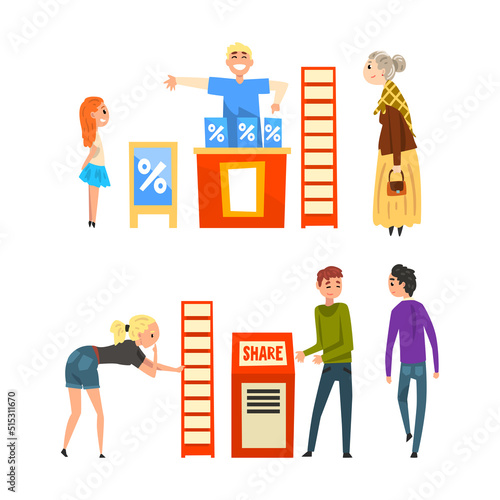 Man Promoter Advertising Products or Services to Passerby at Trade Show Vector Set