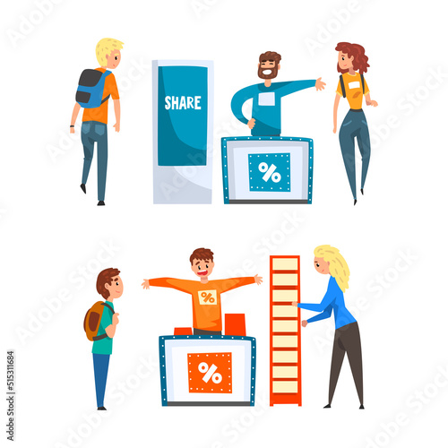 Man Promoter Advertising Products or Services to Passerby at Trade Show Vector Set