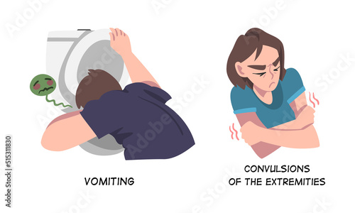Sick Man and Woman Having Convulsion of the Extremities and Vomiting as Symptom of Heart Stroke Vector Set