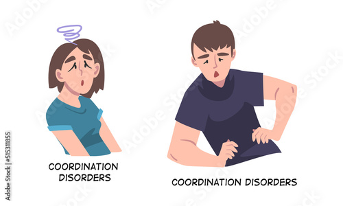 Sick Man and Woman Feeling Coordination Disorder as Symptom of Heart Stroke Vector Set