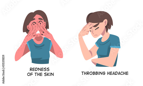 Sick Woman Having Skin Redness and Throbbing Headache as Symptom of Heart Stroke Vector Set