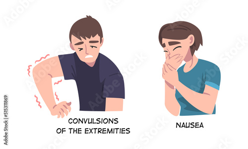 Sick Man and Woman Feeling Nausea and Convulsions of the Extremities as Symptom of Heart Stroke Vector Set