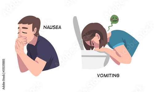 Sick Man and Woman Feeling Nausea and Vomiting as Symptom of Heart Stroke Vector Set