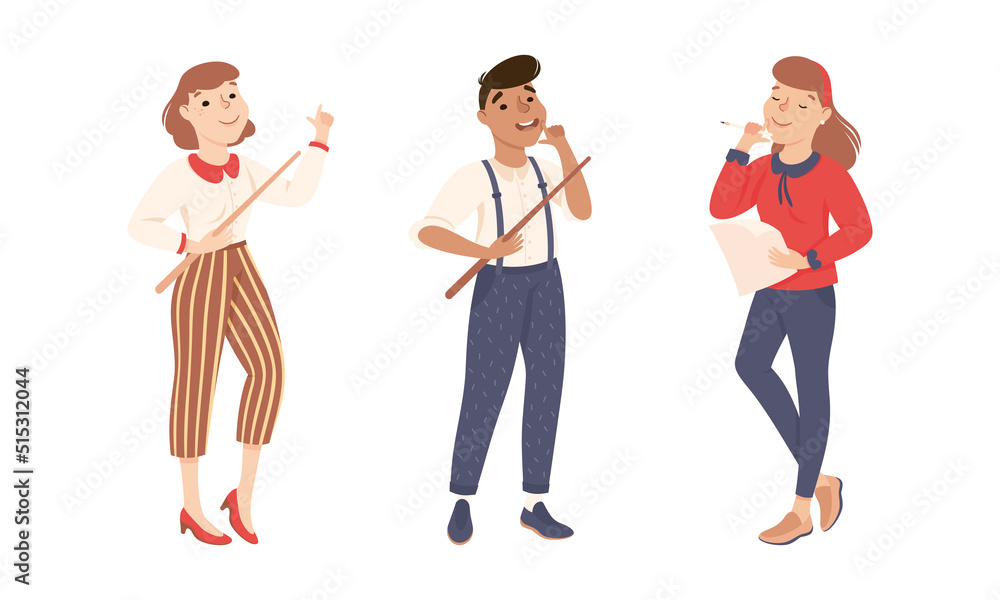 Man and Woman School Teacher or Educator Standing with Pointer Vector Set Man and Woman School Teacher or Educator Standing with Pointer Vector Set