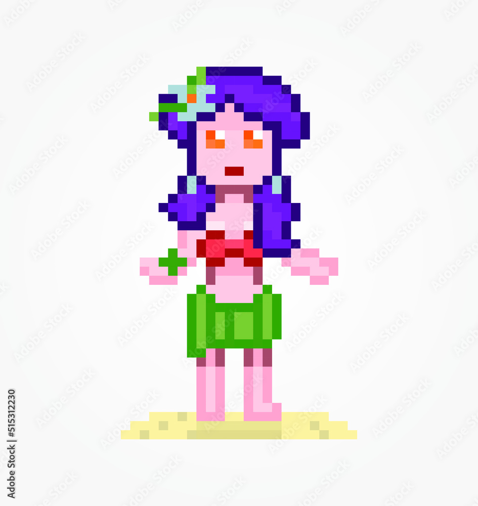 Obraz premium Pixel girl character. Young Hawaiian woman in beachwear