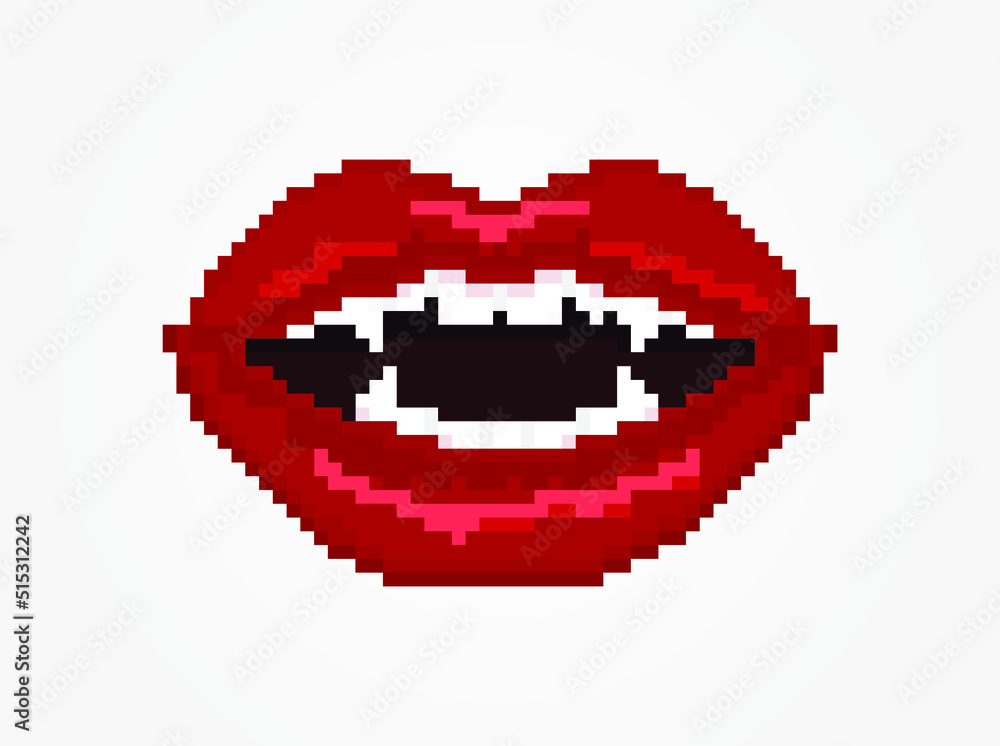 Fototapeta premium Pixel Female red vampire lips with bite fangs