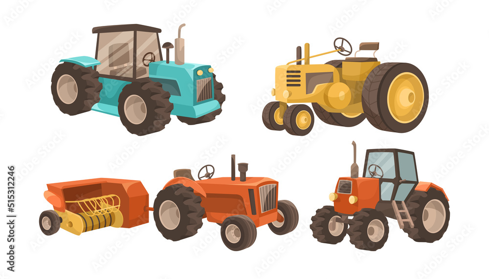 Different tractors for farming vector illustrations set. Agricultural machinery or farm equipment, rural or countryside elements isolated on white background. Agriculture, farming, transport concept Different tractors for farming vector illustrations set. Agricultural machinery or farm equipment, rural or countryside elements isolated on white background. Agriculture, farming, transport concept