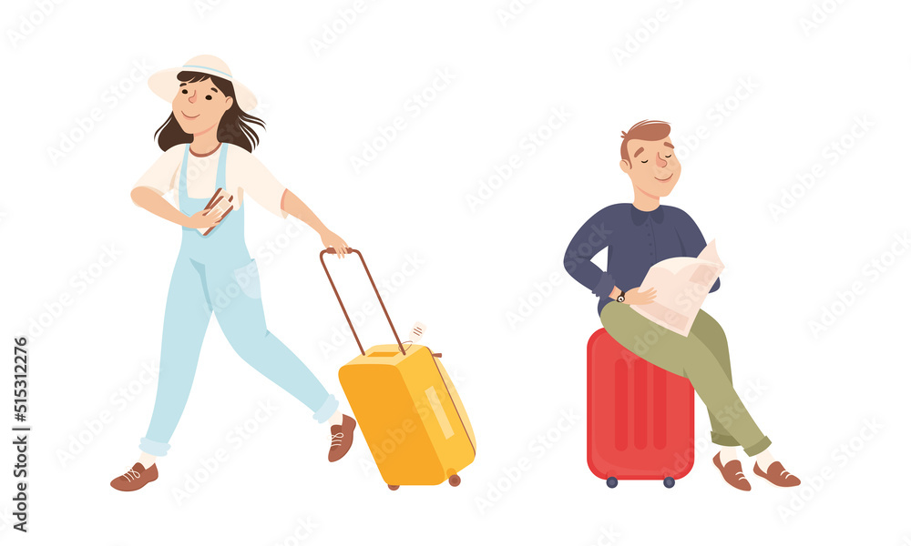 Man and Woman Tourist Character with Suitcase and Luggage at the Airport Vector Set Man and Woman Tourist Character with Suitcase and Luggage at the Airport Vector Set