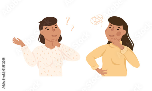 Woman Thinking and Figuring Something out Searching for Idea Vector Set
