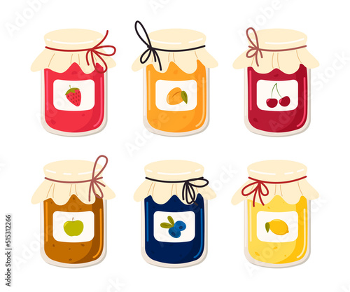 Glass jars with fruit or berry jam vector illustrations set. Cartoon drawings of cute jars with marmalade from juice of different colors isolated on white background. Food, dessert concept