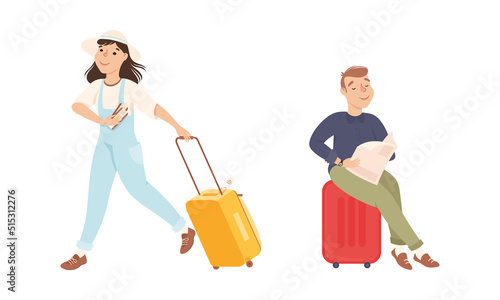 Man and Woman Tourist Character with Suitcase and Luggage at the Airport Vector Set