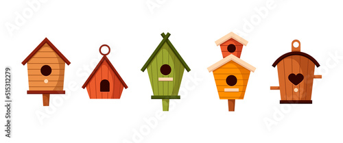 Different colorful birdhouses vector illustrations set. Hobby for children, cute houses or homes for birds on trees with holes of heart or circle shapes on white background. Nature, carpentry concept
