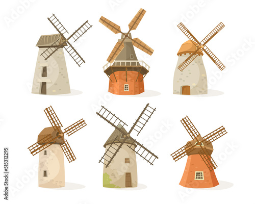 Old windmills as landscape elements vector illustrations set. Cartoon drawings of stone and wooden tower mills isolated on white background. Agriculture, farming, architecture, Holland concept