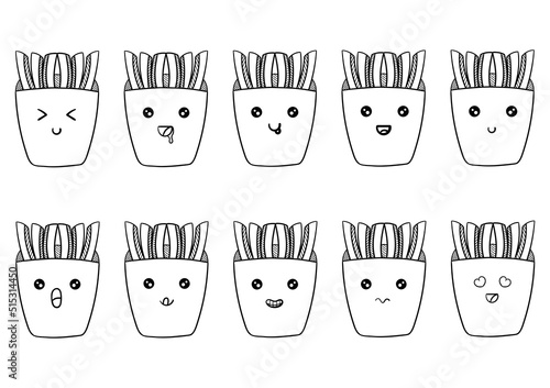 hand drawn collection of kawai french fries with facial characters, on a white background