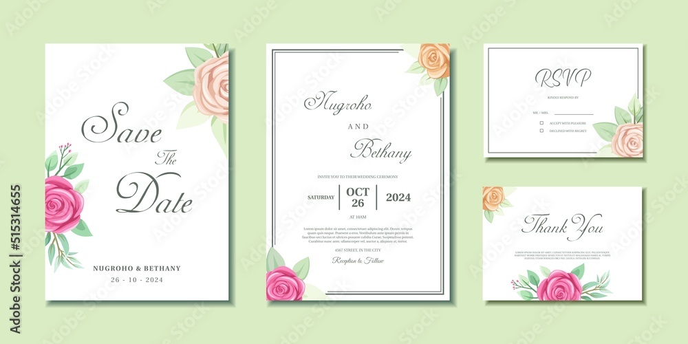 Wedding invitation with beautiful pink rose bouquet and leaves. Wedding invitation, Thank you card and RSVP with rose flower bouquet.
