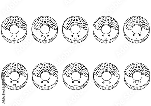 hand drawn collection of kawai fried chicken with facial characters, on a white background