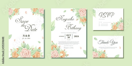Wedding invitation with beautiful pink rose bouquet and leaves. Wedding invitation  Thank you card and RSVP with rose flower bouquet.