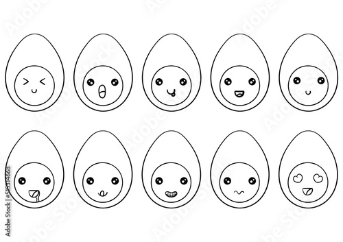 hand drawn collection of kawai boiled eggs with facial characters, on a white background