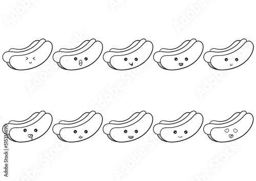 hand drawn collection of kawai hotdog with facial characters, on a white background